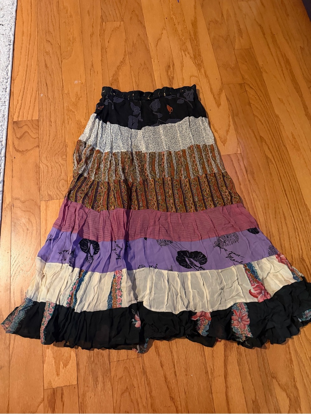 Bohemian Tiered Patchwork Maxi Skirt in Purple and Black